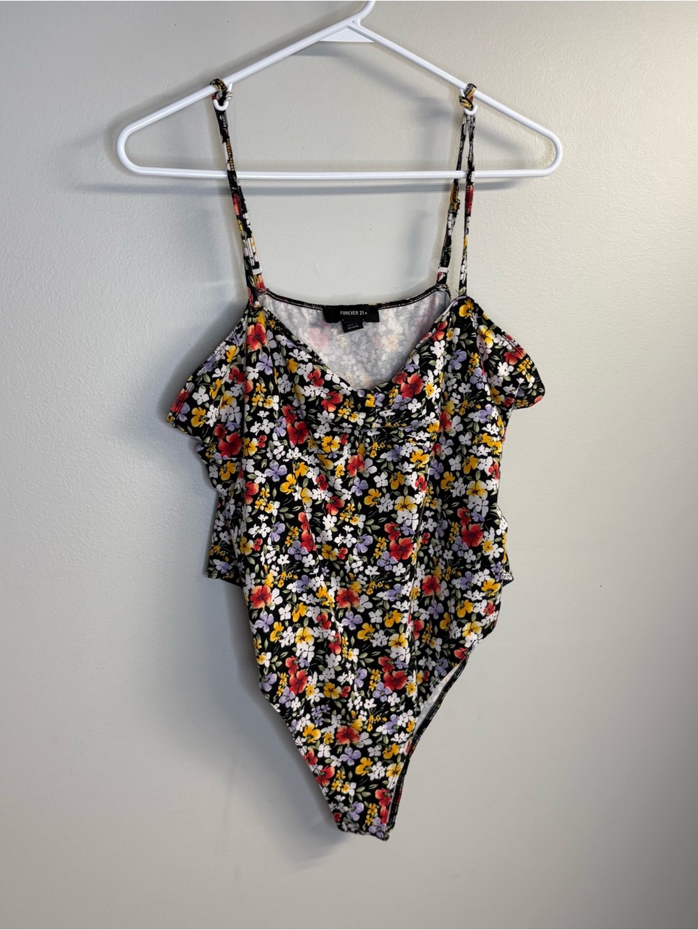 Forever 21 Black Floral One-Piece Bodysuit with Red, Yellow, White Flowers